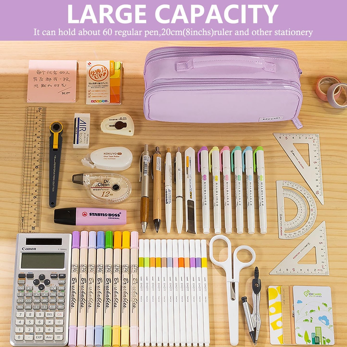 MAMUNU Pencil Case Large Capacity with 3 Compartments, Pencil Case Pouch Bag with Zipper Handle Portable Pen Stationery Organizer for Teen Girls Adults College School Office Travel, Purple