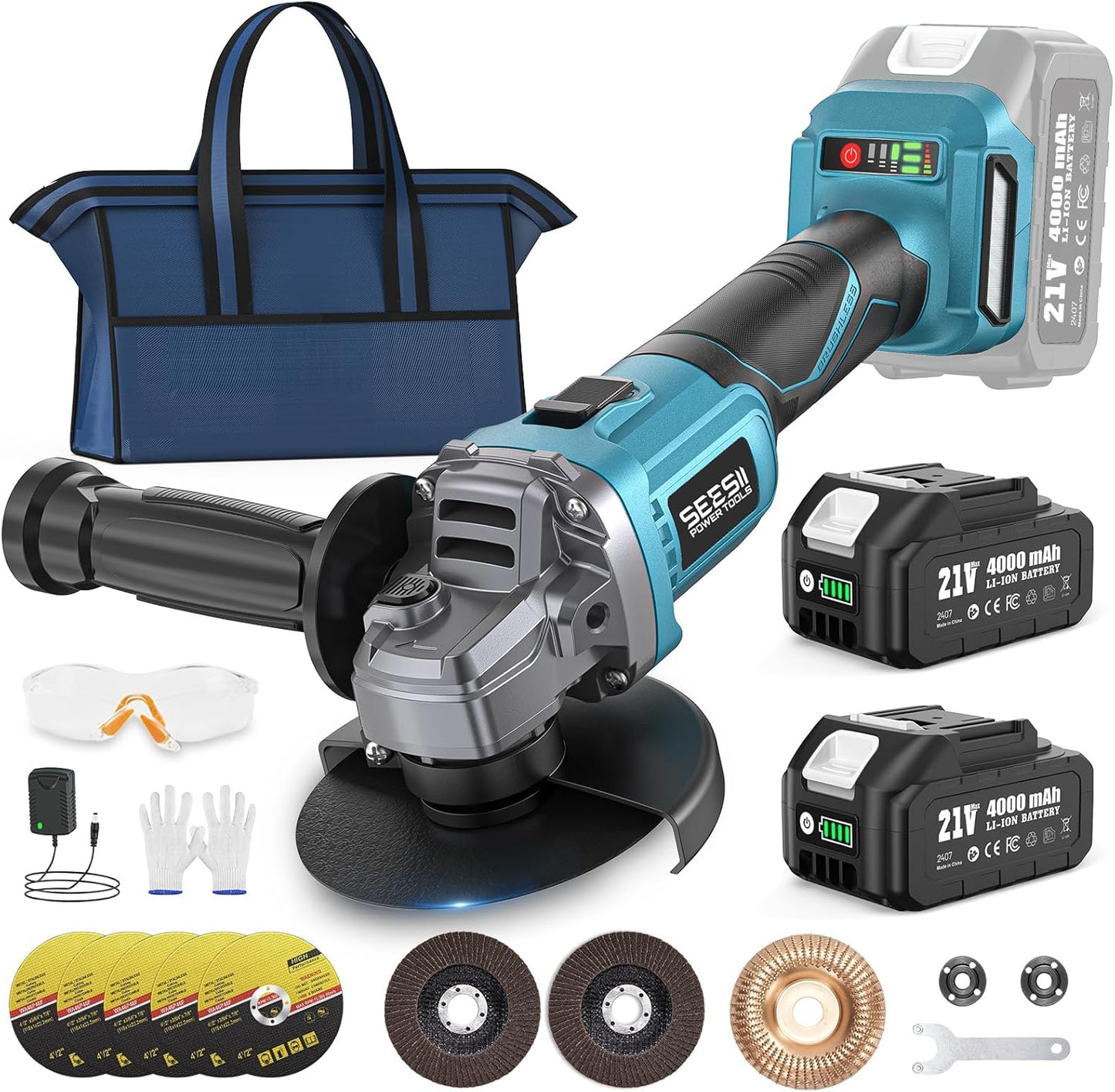 SEESII Cordless Angle Grinder 4-1/2 Inch, 21V Brushless Battery Grinder Tool with 2X 4.0Ah Batteries, 10000RPM for Metal Cutting, Grinding, Polishing, Rust Removal (Blue)