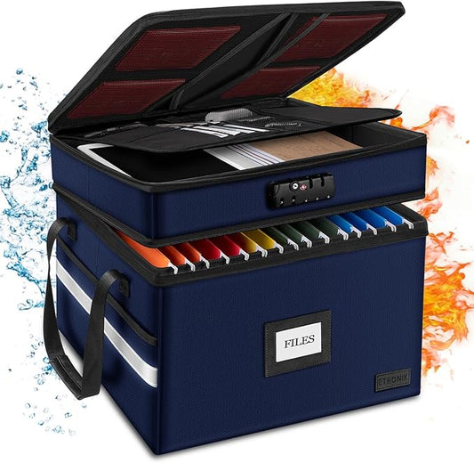 ETRONIK Fireproof Document Box with Lock, 2-Layer File Box Storage Organizer with 5 Tabs& Insert, Portable File Cabinet Storage Box with Handle for Hanging Letter/Legal Size Folder/Certificate, Blue