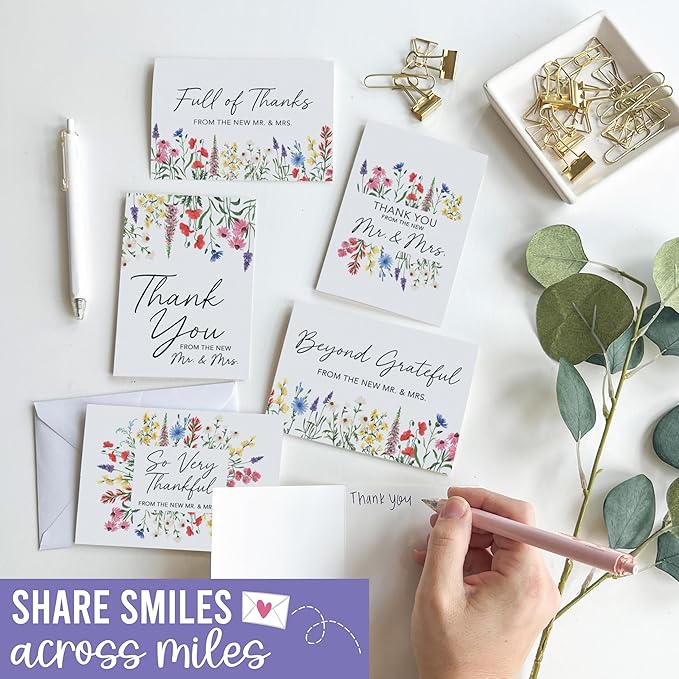 54 Wildflower Wedding Thank You Cards with Envelopes Wedding - Bulk Thank You Cards Wedding with Envelopes, Elegant Thank You Wedding Cards with Envelopes, Wedding Thank You Notes Wedding Cards Bulk