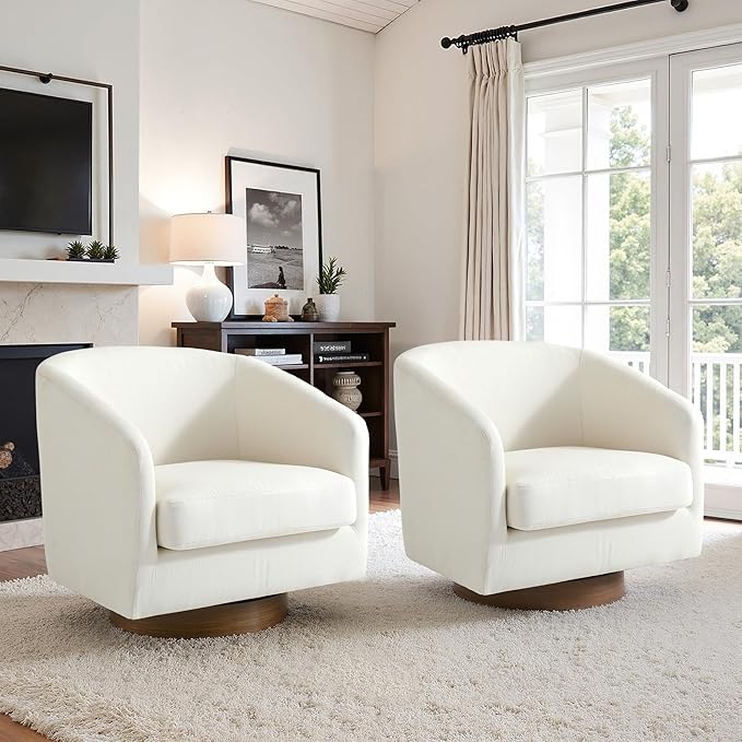 UIXE Swivel Accent Chairs Set of 2, Fabric Upholstered Barrel Chair for Living Room, Comfy Round Armchair Single Sofa Bedroom Reading Seat - 31" W, Beige