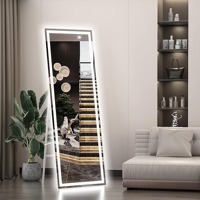 Hasipu Full Length Mirror with Lights, 56" x 15.8" LED Floor Mirror, Full Body Dressing Standing, Hanging Mounted Mirror for Living Room Bedroom Cloakroom, Square White