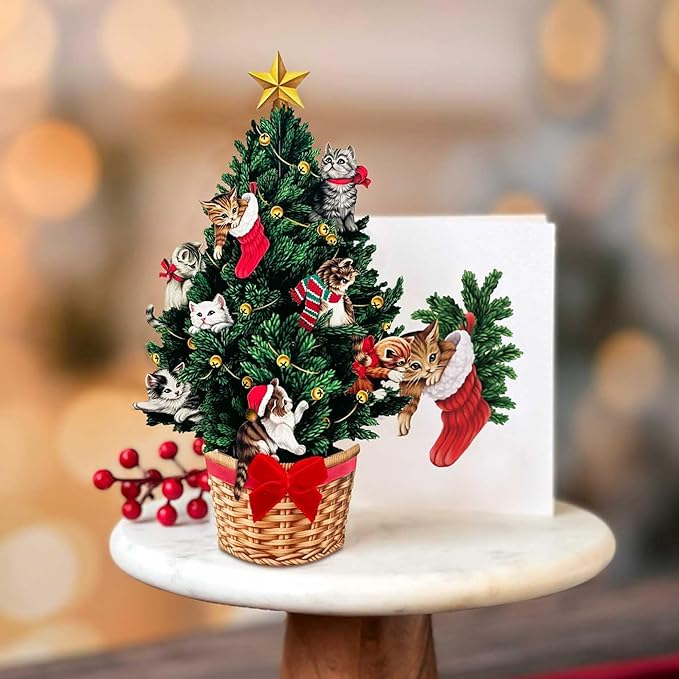 Freshcut Paper Pop Up Cards, Mini Meowy Christmas Tree (Set of 2), 6 Inch Mini Sized Forever Flower Bouquet 3D Popup Greeting Card, Christmas Cards, Holiday Card, Blank Notecard & Envelope