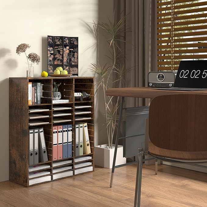 EasyPAG Mail Organizer Countertop, Wood Literature Organizer with Adjustable Shelves, Student Classroom Mailbox for School, Desktop Paper Sorter for Office Home, 48 Compartments, Archaize