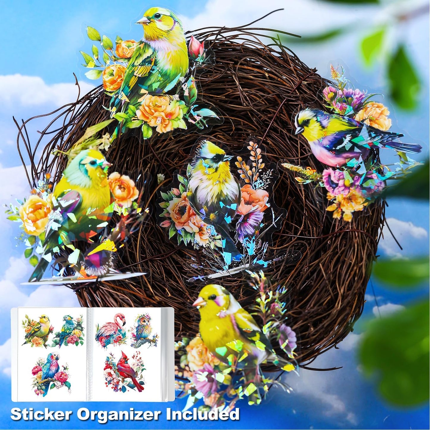 60Pcs Flowers and Birds PET Stickers, Holographic Nature Designs for Scrapbooking, Journaling Supplies, Junk Journal Ephemera, Includes Organizer
