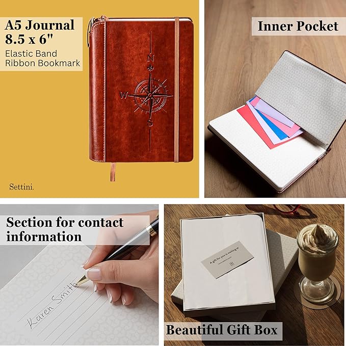 SETTINI® Lined Journal - Compass Journal for Writing Gift Set - Hardcover Vegan Leather, Includes Luxury Pen in a Unique Pen Holder, 192 Pages, 6 x 8.5 inches, Birthday Gifts for Men