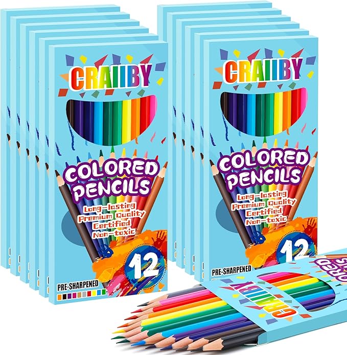 Premium Colored Pencils, Soft Core, 144 Count (Pack of 12), 12 Colors Pre-sharpened Color Pencils Bulk, Back to School Supplies, Classroom Prizes