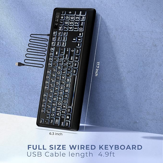 Large Print Backlit Keyboard, USB Wired Computer Keyboard, Full Size Keyboard with White Illuminated LED Compatible for Windows Desktop, Laptop, PC, Gaming, Black