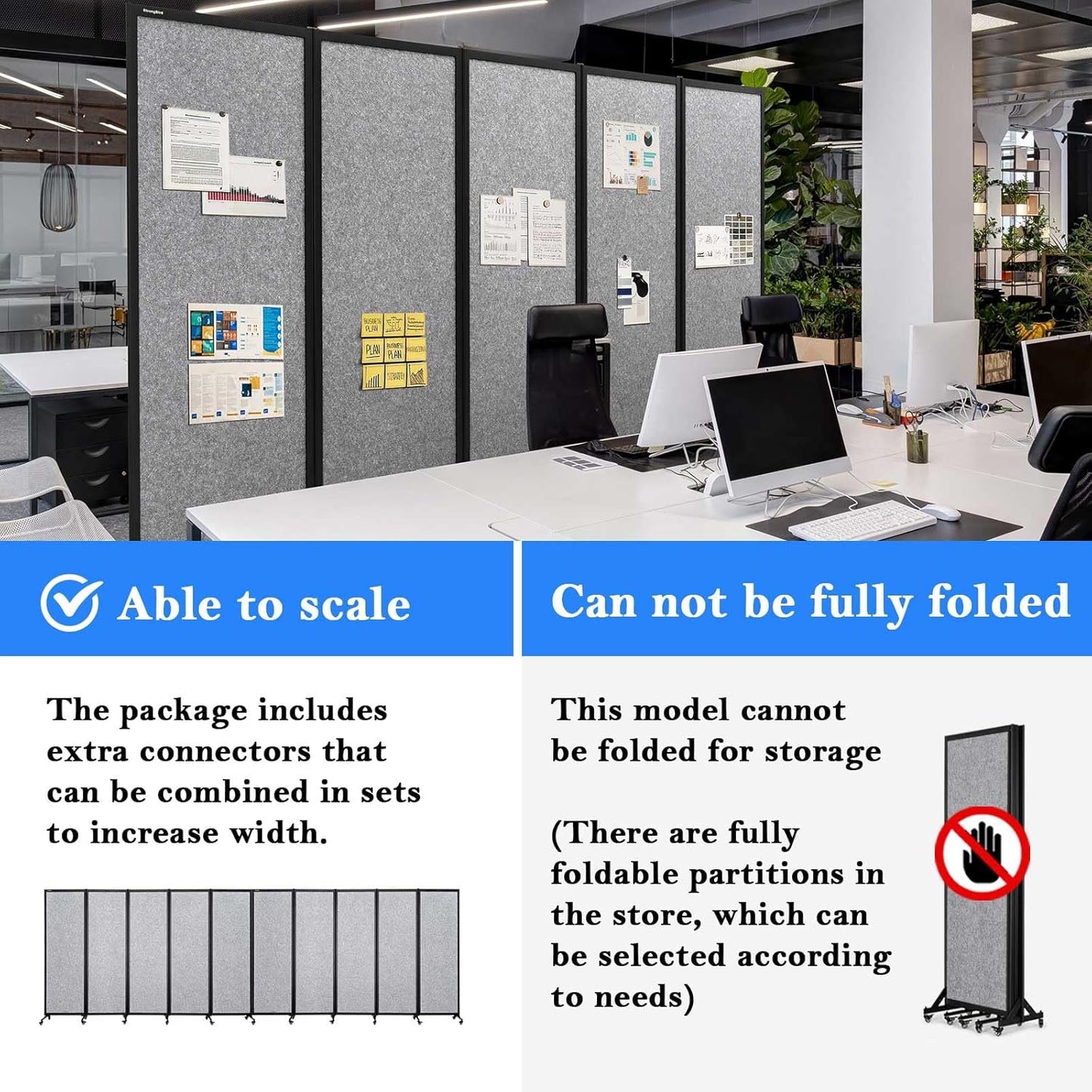 Upgrade Version Room Partition and Divider, Freestanding Rolling Dividers with Wheels,Office Privacy Screen Divider Wall,Classroom Felt Dividers,10'6"L* 6'7"H,5 Panel,Light Grey
