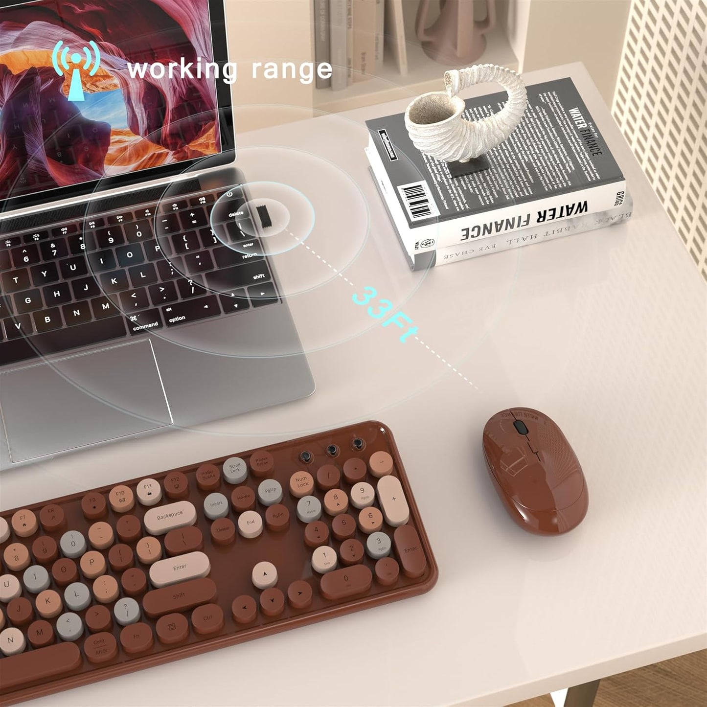 Colorful Wireless Computer Keyboard and Mouse Combo with Round Typewriter Keycaps, Retro Design, Power Switch, Ergonomic Design, 2.4GHz Wireless for Windows, Mac, PC(Coffee-Colorful)