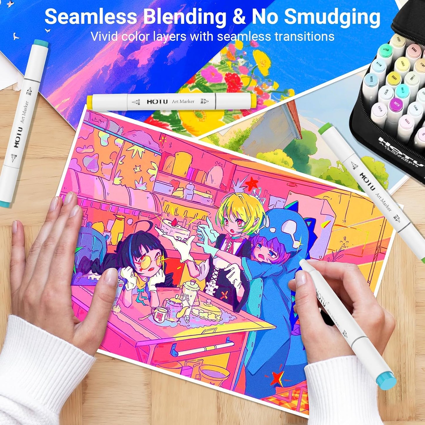 Alcohol Markers Brush Tip - 50 Colors Dual Tip Markers, Brush & Fine Alcohol-based Art Marker Set for Kids Adults Coloring Illustration, Alcohol Sketch Pens with Carrying Case, Non-Bleeding Pad