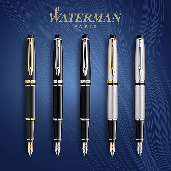 Waterman Expert Fountain Pen, Gloss Black with 23k Gold Trim, Fine Nib, Luxury Fountain Pen in Gift Box, Fountain Pen for Writing