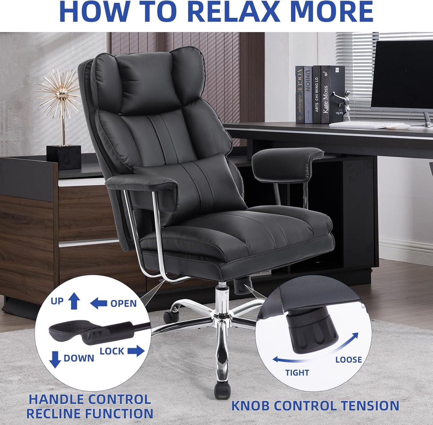 Big and Tall Office Chair 500lbs Wide Seat Executive Office Desk Chair High-Back Office Task Chair, Ergonomic Lumbar Support Computer Office Chairs for Heavy People(Black)