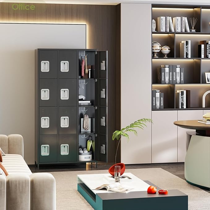 Metal Lockers for Employees with 12 Door and 12 Hooks,Metal Storage Locker with Lock for School Office Gym Bedroom,Assembly Required,Dark Grey