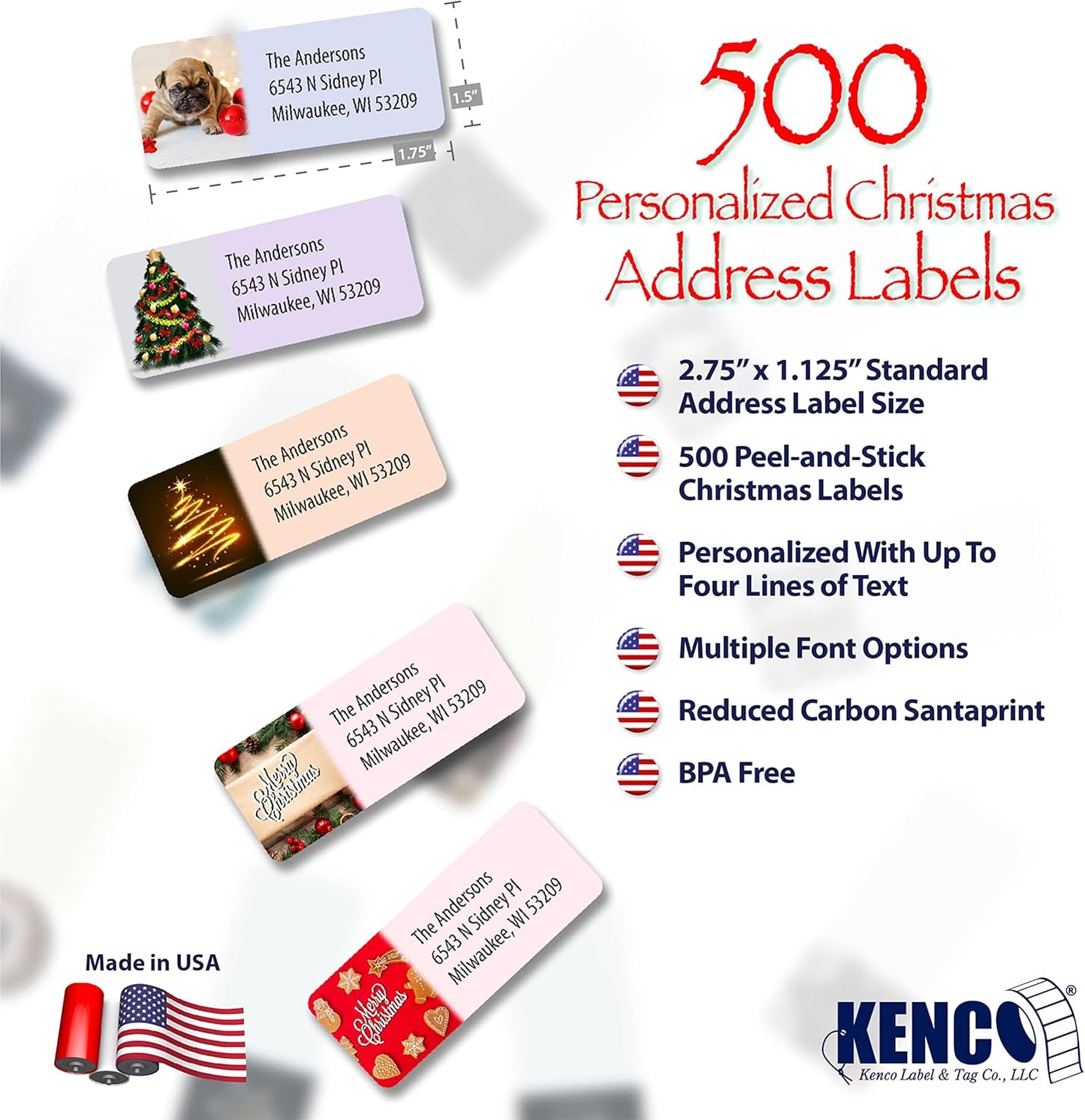 Customized Personalized Address Labels - Made in The USA by Kenco (500 Labels, Christmas)