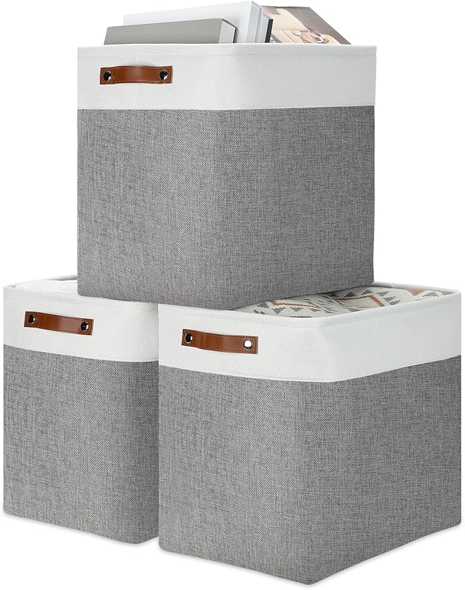 DULLEMELO Storage Baskets 17 inch Large Basket for Blanket Living Room, Foldable Storage Bins Baskets for Organizing [3 Pack] Blanket Storage Baskets Organizer for Home,Office,Closet(White&Grey)