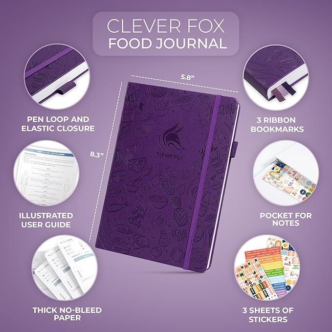 Clever Fox Food Journal - Daily Food Diary, Meal Planner to Track Calories & Nutrients, Weight Tracker Notebook, A5 (Purple)