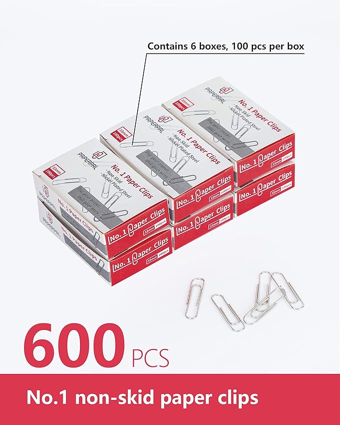 PAPERPAL #1 Nonskid Paper Clips, 600 Medium Paper Clips (6 Boxes of 100 Each), Paperclips for Office School & Personal Use, Daily DIY, 1-2/7" Silver Heavy Duty Non-Skid Paper Clip Standard Size