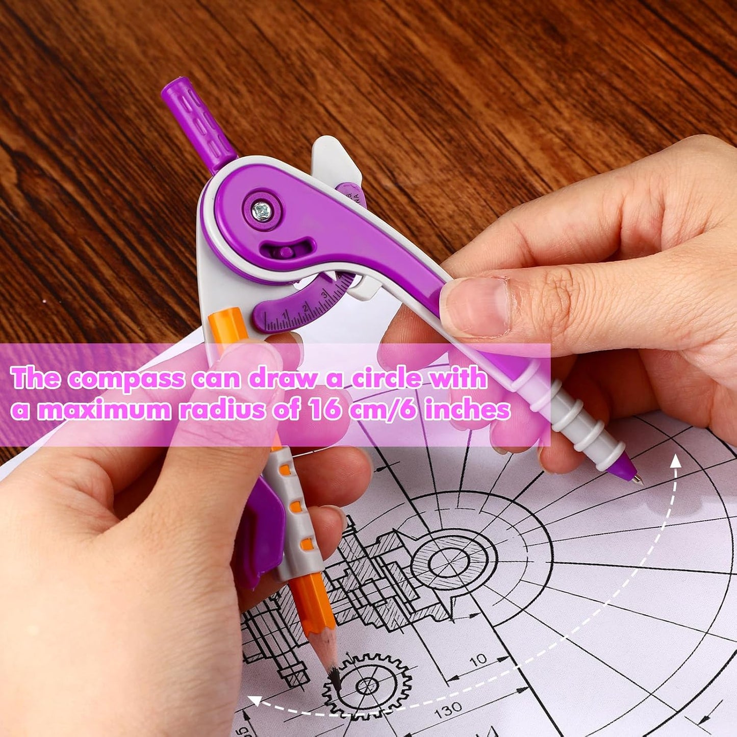 Zonon 1 Set Plastic Geometry Math Set 7 Pcs Includes 6'' / 4 '' Protractor, Drawing Compass, 45/60 Degree Triangle Rulers, 12'' / 6'' Math Ruler Transparent for Office Supplies(Purple)