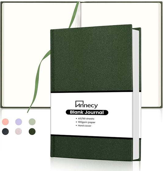 Annecy Blank Journal Notebook, Medium 5.5x 8.25, 160 Pages 100GSM Writing Paper, A5 Deep Green Linen Cover