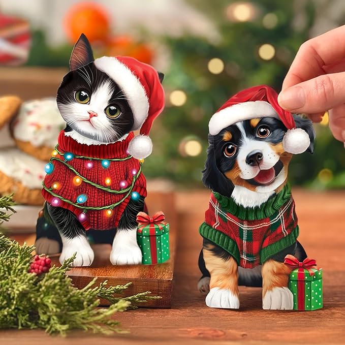 Freshcut Paper Pop Up Cards, Mini Christmas Puppy & Kitten, 6 Inch Mini Sized 3D Pet Gifts, Popup Greeting Card, Christmas Card, Paper Cat & Dog Cards, Blank Notecard & Envelope
