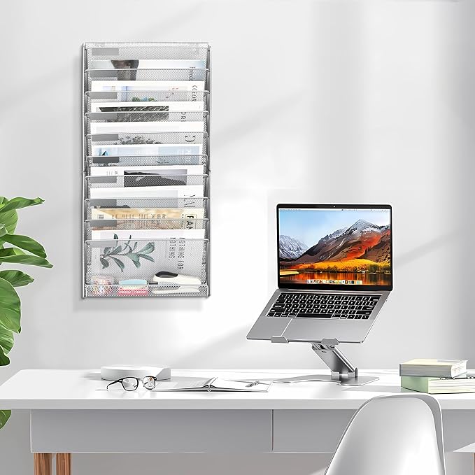 EasyPAG 11 Tier Wall File Holder with Flat Tray, Silver | Easy Assemble Mesh Desk File Organizer | 10-Folder Paper Storage | Replaceable Classify Labels | Space Saving Mail Organizer for Office Home