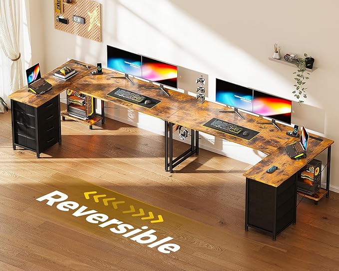 Casaottima L Shaped Desk with 4 Tier Drawers, 61" Gaming Desk with Power Outlets & USB, Reversible L-Shaped Computer Desk with CPU Stand, Home Office Corner Desk with Storage, Easy Assemble, Vintage