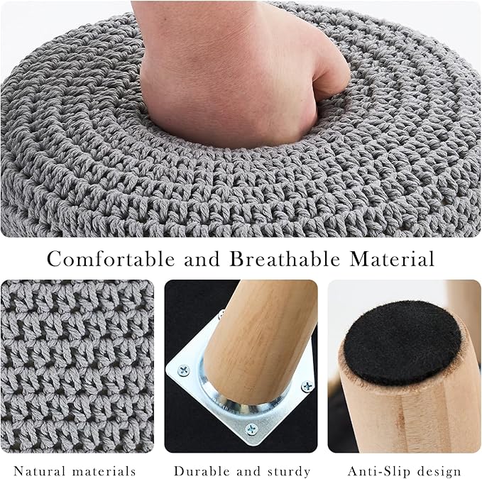 Boho Ottoman Foot Stool Cotton Knitted Round Pouf Ottoman Foot Rest Stool with Non-Skid Wooden Legs Step Stool Padded Seat for Living Room Gray