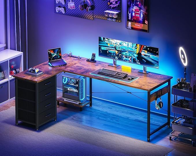 Casaottima L Shaped Desk with 4 Tier Drawers, 61" Gaming Desk with Power Outlets & USB, Reversible L-Shaped Computer Desk with CPU Stand, Home Office Corner Desk with Storage, Easy Assemble, Vintage