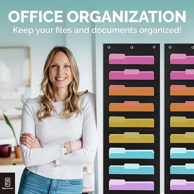 Hippo Creation Heavy Duty Storage Pocket Chart for Classroom, 10 Pocket Storage Organizer with 6 Over-Door Hangers, Hanging Wall Organizer for File Folders, School Mailbox, Home Office Papers - Black