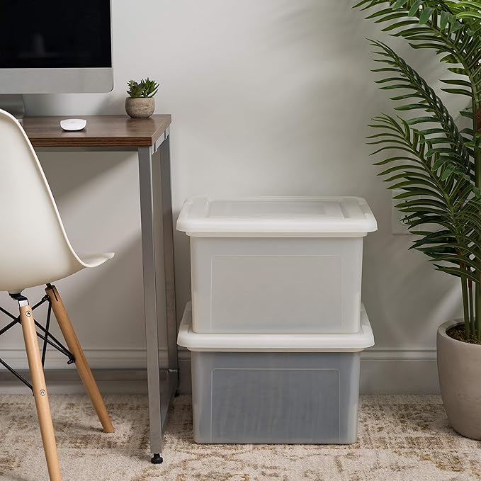 IRIS USA File Box, Plastic File Organizer with Lids for Letter/Legal File, Portable Document Box For Moving, Storage Bin with Durable and Secure Lid, Stackable Nestable BPA-Free, Pearl 35 Qt. 4 Pack