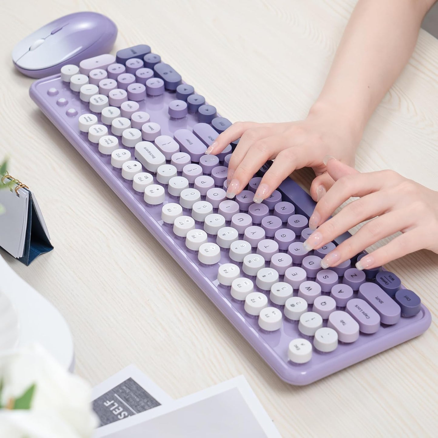 Colorful Wireless Keyboard and Mouse Combo, COVEVA 2.4GHz Wireless Retro Cute Round Keycaps Keyboard, 104 Keys Full-Sized Keyboard Mouse Set with Switch Button for PC Laptop Desktop (Purple Gradient)