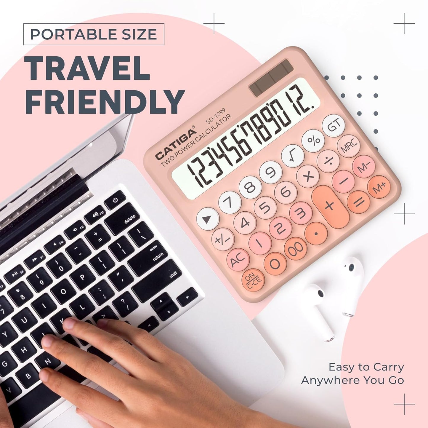 CATIGA Mechanical Switch Calculator with Solar and Battery Dual Power, 12-Digit Large LCD Display, Aesthetic and Cute Desktop Calculator with Big Button, for Home, School and Office Use, SD-1299