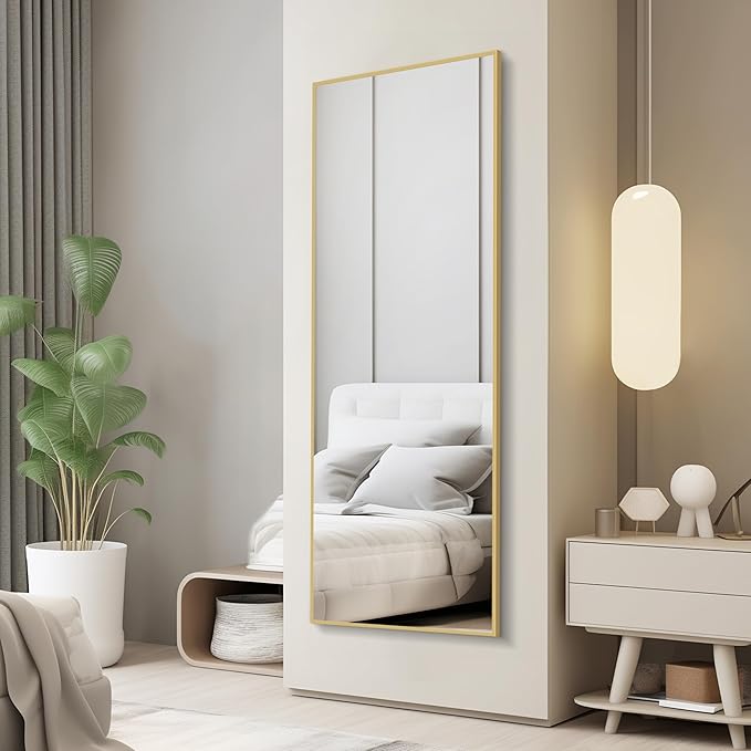 Simple Deluxe Aluminum Frame Mirror, 59"x16" Full Length Mirror with Stand, Free Standing Leaning Mirror Hanging Mounted Mirror for Bathroom Living Room, Gold