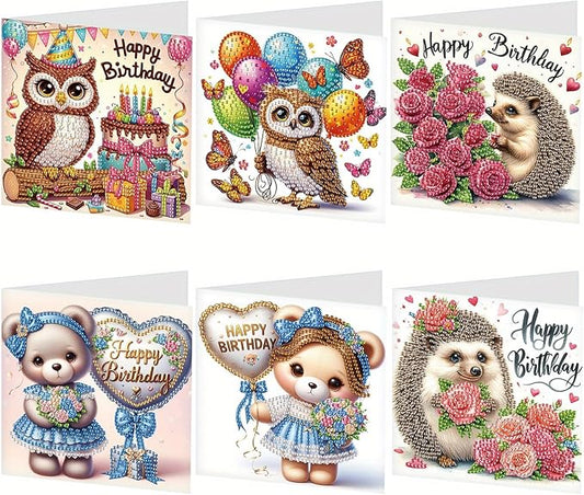 Tontut 6 Pieces Diamond Art Painted Greeting Cards, Owl Hedgehog Bear 5D DIY Special Shape Diamond Card Creative Gifts, Christmas Thanksgiving Greeting Card Congratulation