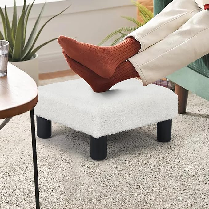 Joveco Small Foot Rest Stool Ottoman, Square Boucle Upholstered Footrest with Plastic Legs, Under Desk Footstool for Chair, Office, Living Room, White