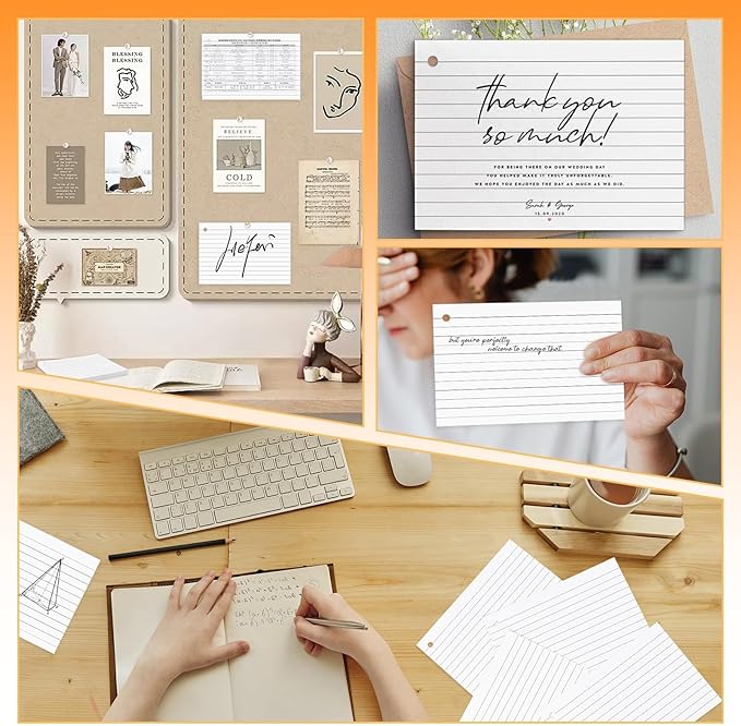 Tecmisse 160 PCS Index Cards 4 x 6 Inches, 180 GSM Thick Punched Flash Cards, Lined Note Cards, White Study Cards for School Learning and Office Supplies