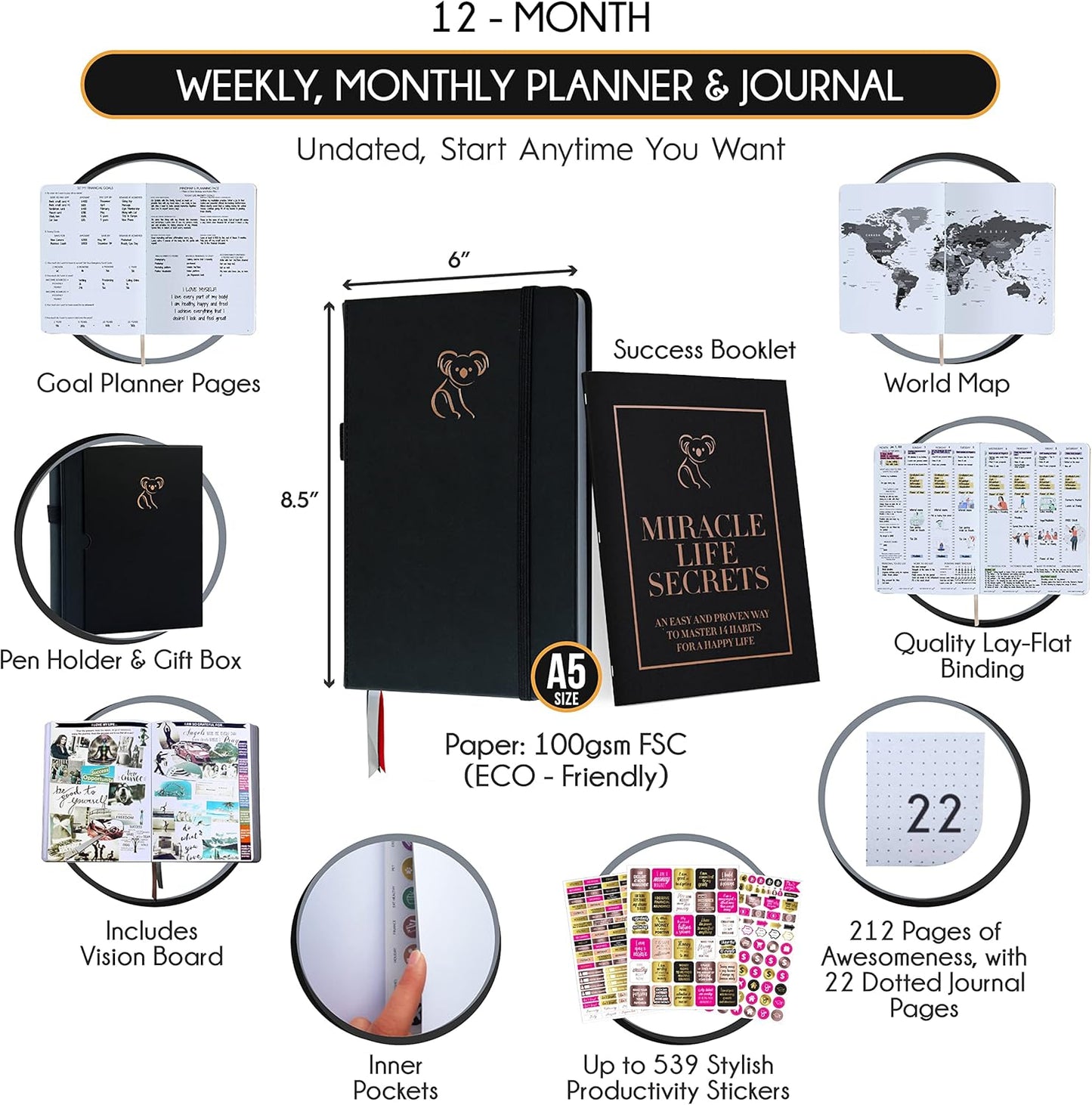 Life Planner - Gratitude Journal for Men & Women | Daily, Weekly & Monthly Planner with Budget Section, Time Blocking, Habit Tracker for Peace of Mind Planning to Increase Productivity & Happiness