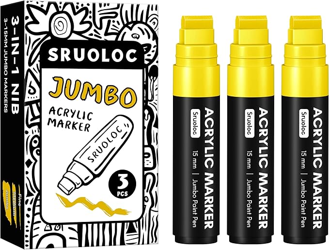 3 Jumbo Permanent Markers Yellow, 15mm Thick Wide Tip, Large Acrylic Paint Markers for Rock Painting, Poster, Graffiti, Stone, Ceramic, Glass, Wood, Canvas