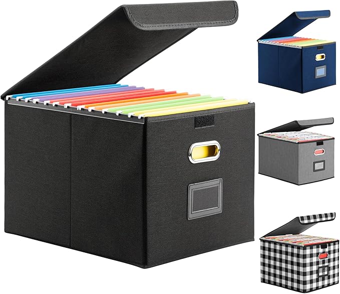 File Organizer Box with Lid, Collapsible File Folder with Plastic Slide for Office/Decor/Home, Hanging Office Document Storage, 14.9 6x 12.6 x 10.83 inch，1 pack - without folders，Black