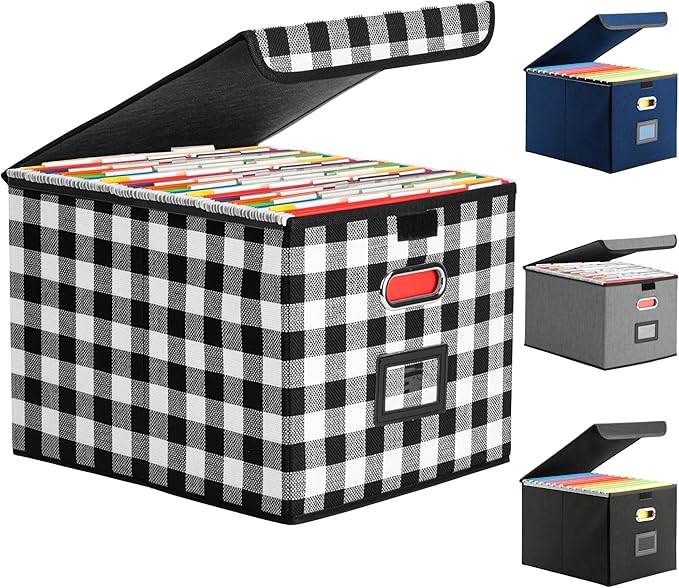 File Organizer Box with Lid for Hanging Folders, Collapsible Storage File Box with Plastic Slide, Portable Document Organizer for Office Home School Desktop Use, Black and White Lattice
