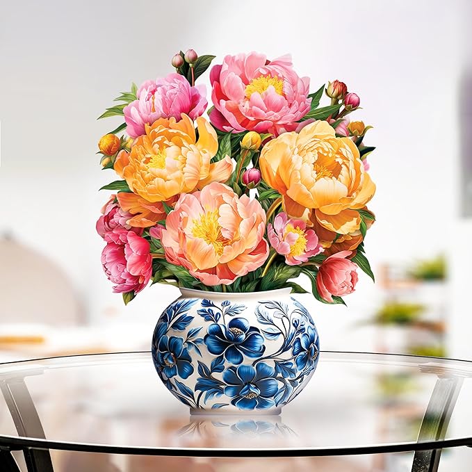 Paper Pop-Up Flower Card, Peony, Forever Flowers Bouquet 3D Popup Greeting Cards, Blank Note Envelope, Birthday Gift Cards, Mother's Day, Holiday Decorations