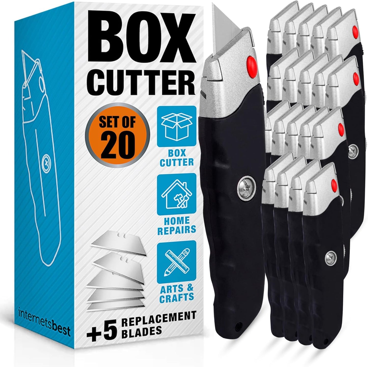 Internet's Best Premium Utility Knife - Set of 20 - Retractable Razor Knife Set – 5 Extra Blade Refills - Box Cutter Locking Razor Knife – Rubber Grip - Black