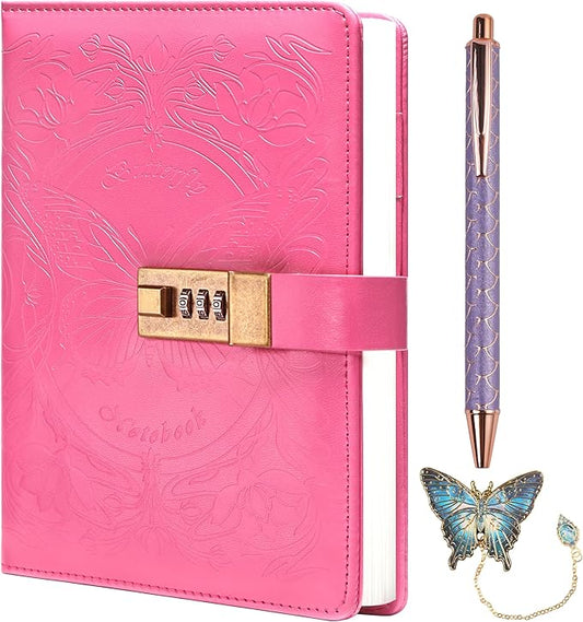 TIEFOSSI Diary with Lock for Women Girls, Lined Locked Journal, Butterfly Journal Notebook with Pen and Bookmark, A5 Refillable Locking Journals for Writing, 224 Numbered Pages