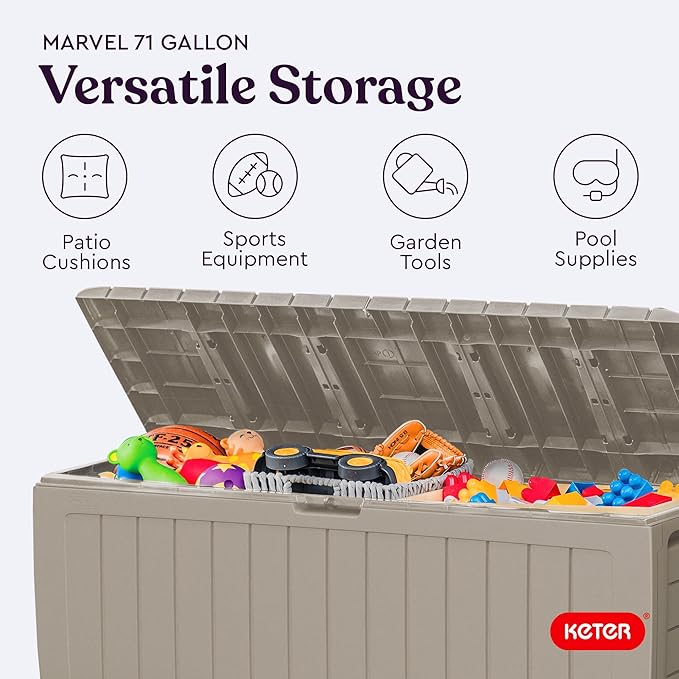 Keter Marvel Plus 71 Gallon Resin Deck Box-Organization and Storage for Patio Furniture Outdoor Cushions, Throw Pillows, Garden Tools and Pool Floats, Beige