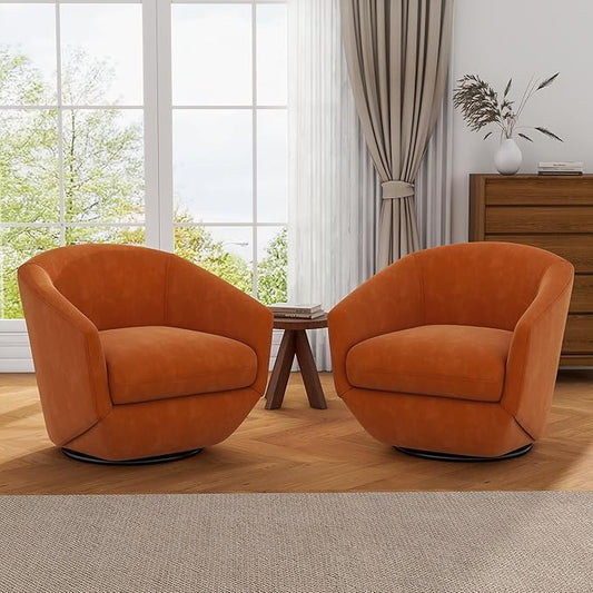 UIXE Velvet Swivel Accent Chairs Set of 2, Barrel Chair Upholstered Club Armchair for Living Room, Comfy Single Sofa Bedroom Side Reading Seat - Orange