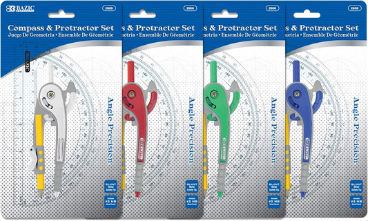 BAZIC Geometry Math Compass Set w/Scale-Arm, 6" Protractor, & HB Wood Pencil, Inch Centimeter, Mathematical Drafting Drawing Tool for Student, 4-Pack