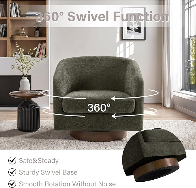 UIXE Swivel Accent Chair with Wood Base, Chenille Upholstered Barrel Chairs for Living Room, Comfy Round Armchair Single Sofa Bedroom Reading Seat - 31" W, Tan