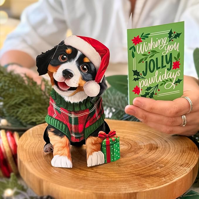 Freshcut Paper Pop Up Cards, Mini Christmas Puppy, 6 Inch Mini Sized 3D Dog Gifts, Popup Greeting Card, Christmas Cards, Holiday Card, Blank Notecard & Envelope