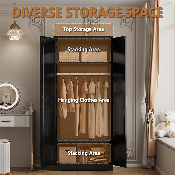 Metal Armoire Wardrobe Closet with Hanging Rod, 71" Tall Wardrobe Cabinet for Clothes, Black Clothing Storage Cabinet with Doors and Shelves, Large Wardrobes for Bedroom-Assemble Required